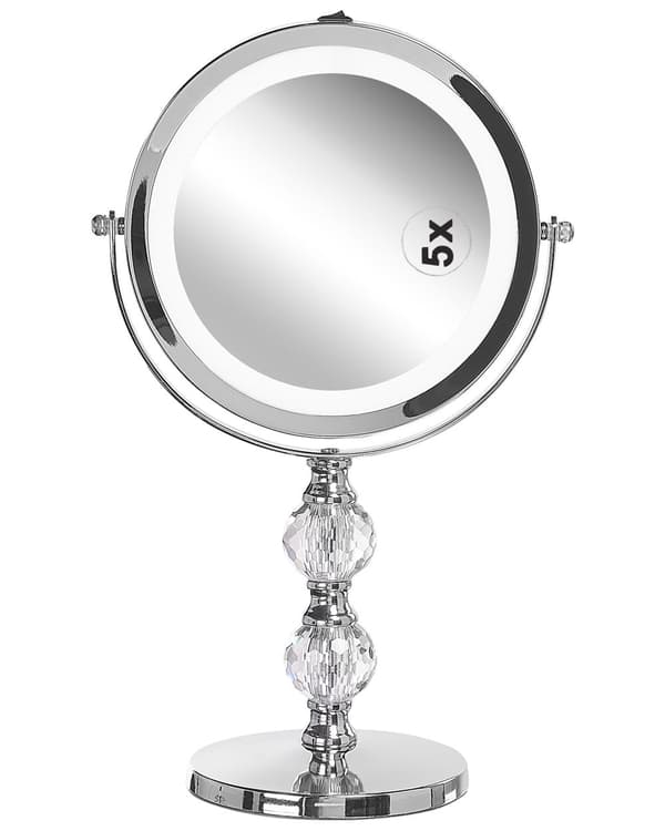 Sminkspegel Silver Järn Metallram 13 cm med LED Lampor 1x/5x Förstoring Dubbelsidig Smink