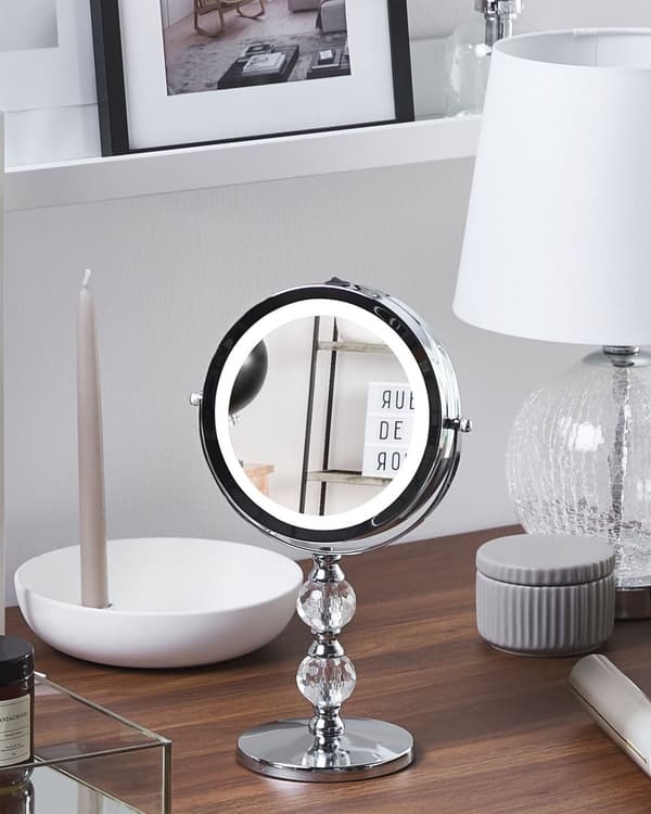 Sminkspegel Silver Järn Metallram 13 cm med LED Lampor 1x/5x Förstoring Dubbelsidig Smink