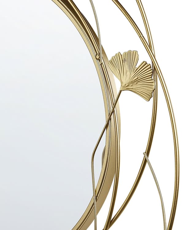 Rund Accent Spejl Guld Metal 47 cm Ginkgo Træblade Glamourøs Stue og Soveværelse
