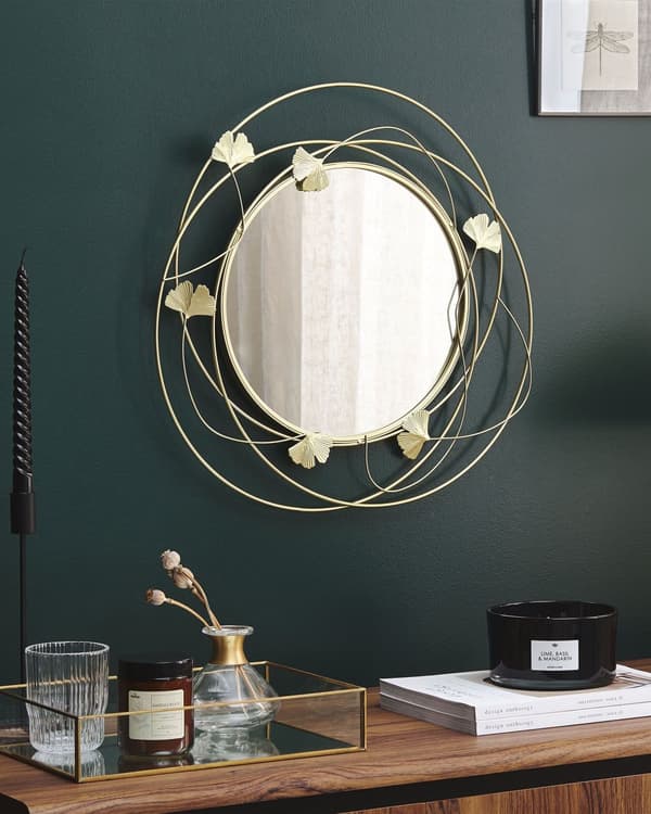 Accent Spegel Guld Metall Rund 47 cm Gingko Träd Löv Glamorös Vardagsrum Sovrum