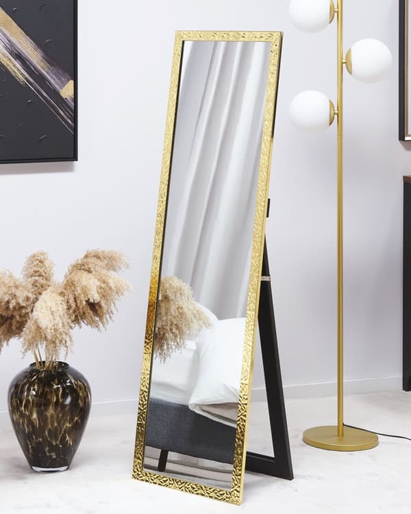 Gulvspejl Guld Ramme Syntetisk 40x140cm Rektangulær Fritstående med Støtteben Aflangt Design Dekorativ Eklektisk Glam til Pige Værelse Entré