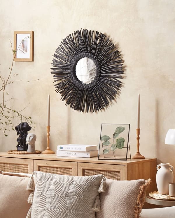 Väggspegel Svart Rotting Ram 60 cm Modern Solstråle Fläta Design Hängande Vardagsrum Dekoration