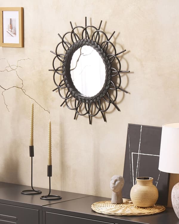 Väggspegel Svart Rotting Ram 60 cm Modern Solstråle Design Hängande Vardagsrum Dekoration