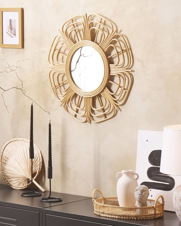 Seinäpeili rottinkia pyöreä beige 60 cm boho olohuone makuuhuone