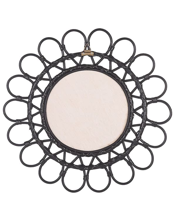 Vægspejl Sort Rattan ø 60 cm Rundt Lille Blomst Mønster Design med Ophæng til Dør Stue Soveværelse Entré Boho Skandinavisk Tilbehør