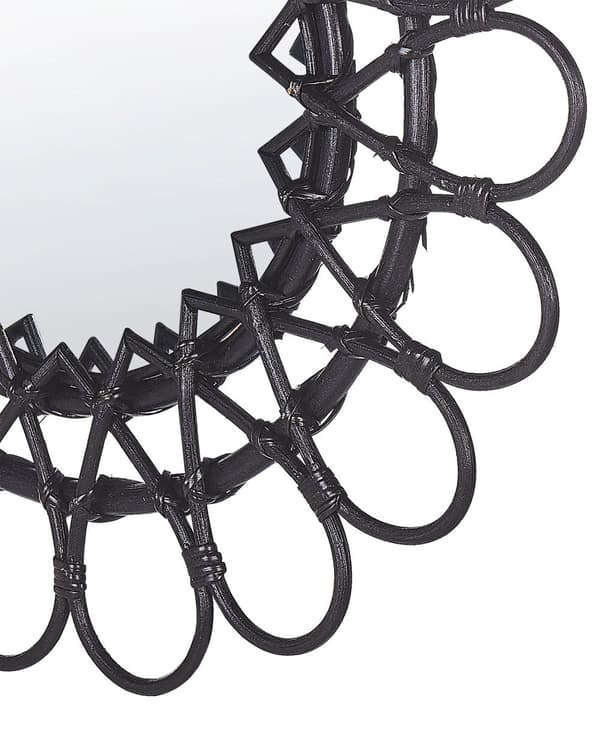 Vægspejl Sort Rattan ø 60 cm Rundt Lille Blomst Mønster Design med Ophæng til Dør Stue Soveværelse Entré Boho Skandinavisk Tilbehør
