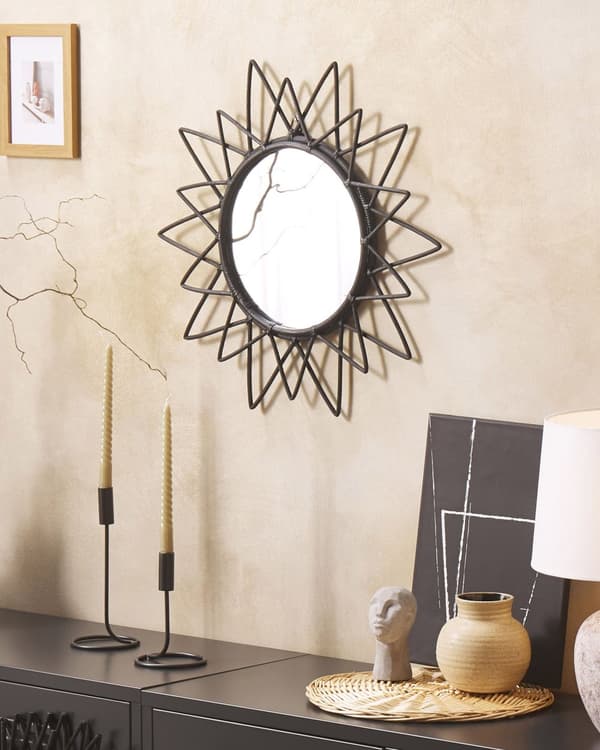 Vægspejl Sort Rattan med Glas ø 61 cm Rundt Lille Smart Stjerne Sol Træ Mønster Dørhængt Dekorativ Stue Soveværelse Entre Indretning Boho