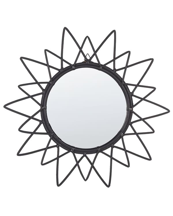 Vægspejl Sort Rattan med Glas ø 61 cm Rundt Lille Smart Stjerne Sol Træ Mønster Dørhængt Dekorativ Stue Soveværelse Entre Indretning Boho