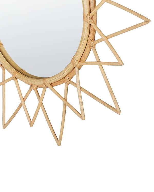 Vægspejl Beige Rattan Natur Glas ø 61 cm Rundt Lille Smart Stjerne Sol Træ Mønster Dørhængt Dekorativ Stue Soveværelse Entre Indretning Boho