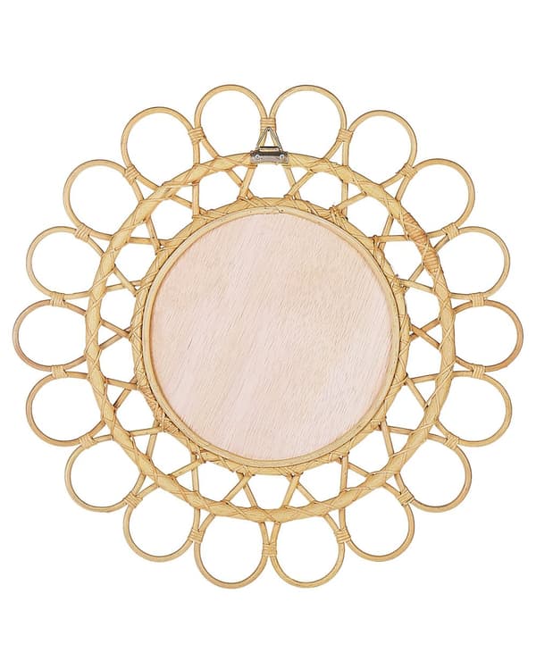 Vægspejl Beige Rattan ø 60 cm Rundt Lille Blomst Mønster Design med Ophæng til Dør Stue Soveværelse Entré Boho Skandinavisk Tilbehør