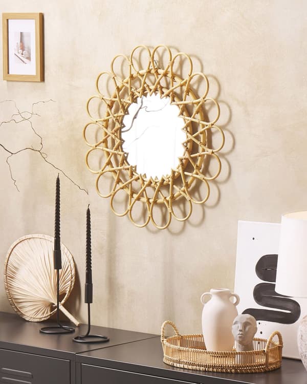 Vægspejl Beige Rattan ø 60 cm Rundt Lille Blomst Mønster Design med Ophæng til Dør Stue Soveværelse Entré Boho Skandinavisk Tilbehør