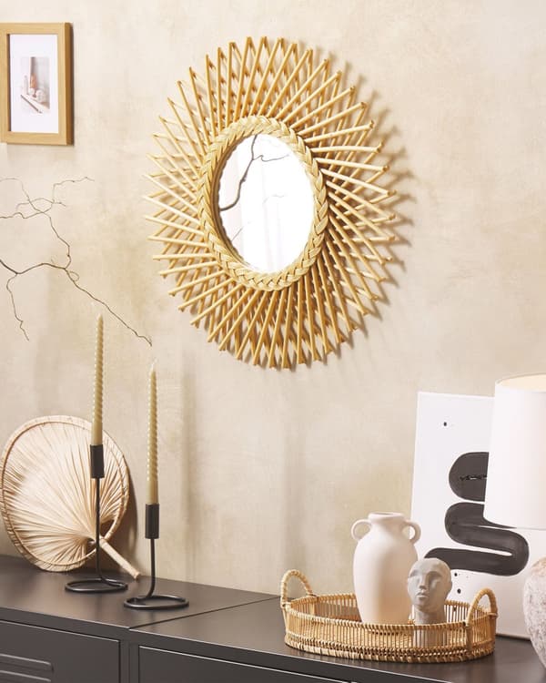 Vægspejl i Beige Farve ø 60 cm Rattan