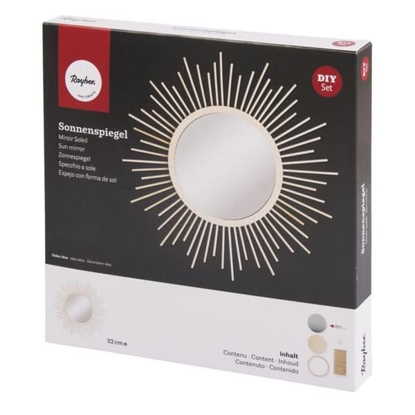 Spegel - Sol - 32 cm - Rund - Beige - Att hänga - DIY i trä