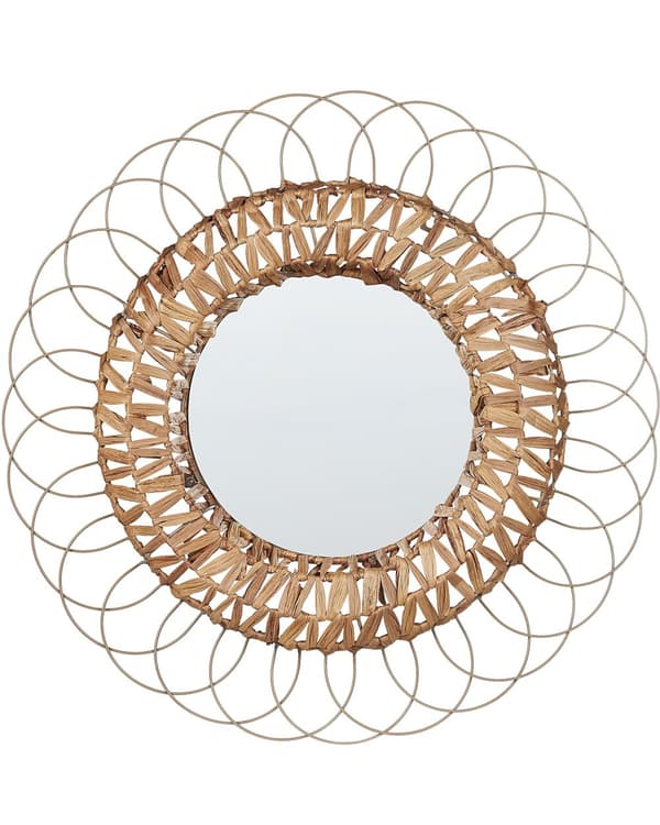 Vægspejl Beige i Naturlig Vand Hyacint Stål og Glas ø 67 cm Rundt Dekorativ Entré Boho til Stue og Værelses Dekoration