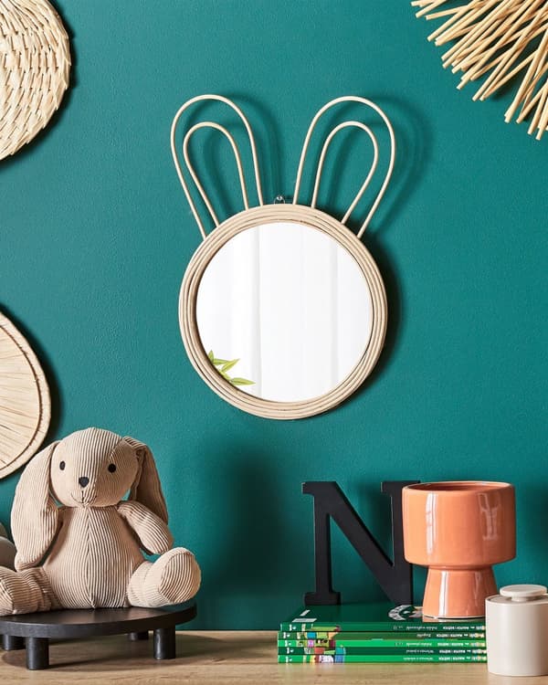 Vægspejl Natur Rattan Poppeltræ ø 26 x 45 cm Rund Væghængt Lille Børnespejl Kaninører Moderne Skandinavisk Soveværelse Tilbehør Inspiration