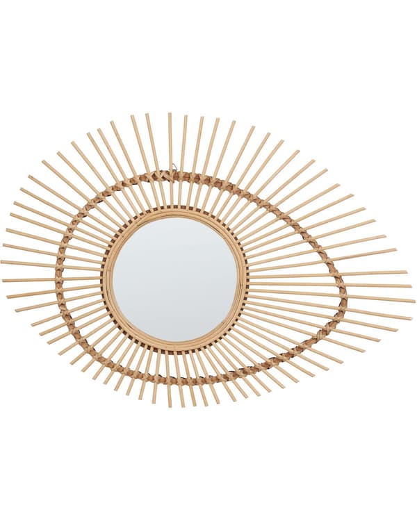 Vægspejl Beige Bambus Træ 60 x 35 cm Oval Øje Formet Mønster Skandinavisk Boligindretning til Stuen Soveværelse Entré Boho Tilbehør