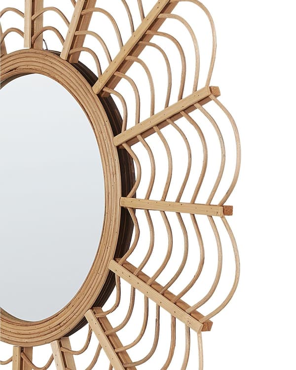 Vægspejl i lyse Brun Bambus Træ og rattan ø 60 cm Rund åben struktur solstråle mønster boligdekoration skandinavisk minimalistisk