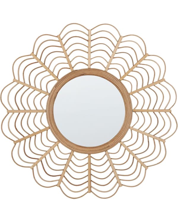 Vægspejl i lyse Brun Bambus Træ og rattan ø 60 cm Rund åben struktur solstråle mønster boligdekoration skandinavisk minimalistisk