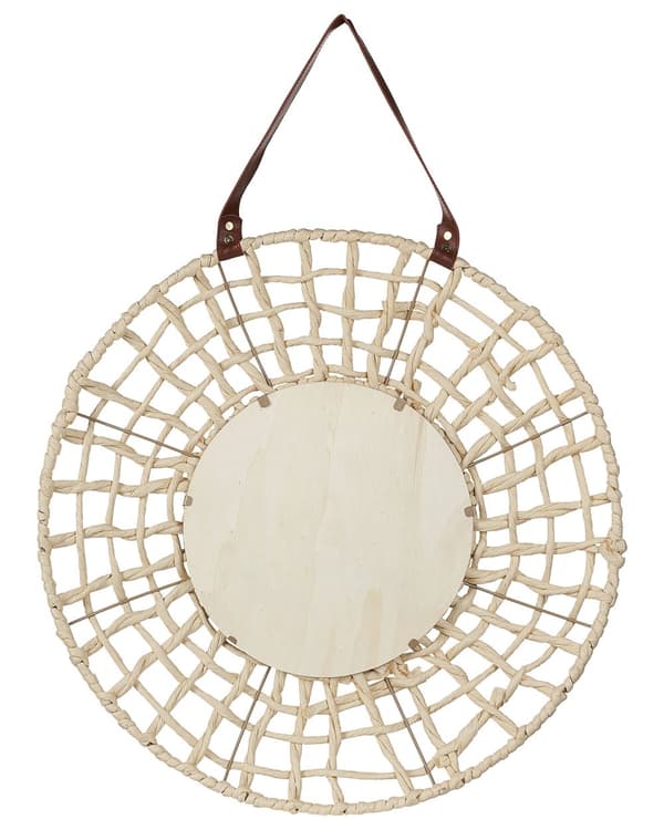 Seinäpeili luonnollinen 60 x 60 x 6 cm paperinaru keinonahka remmi pyöreä boho maalaismainen