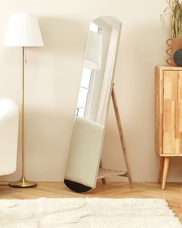 Stående spejl Lys træglas MDF 50 x 150 cm med hyldestativ Dekorativ ramme Moderne Design