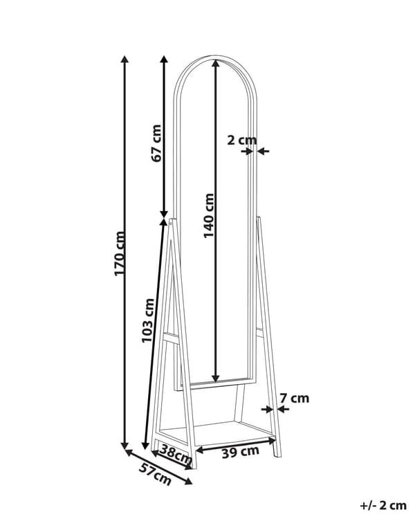 Seisova peili vaalea puu 39 x 170 x 57 cm puu MDF-levy lasi hylly ovaali skandinaavinen