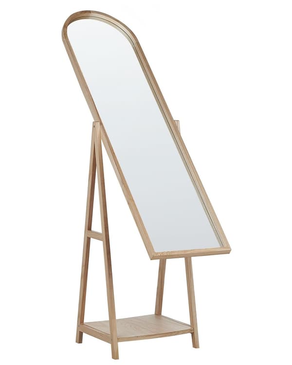 Seisova peili vaalea puu 39 x 170 x 57 cm puu MDF-levy lasi hylly ovaali skandinaavinen