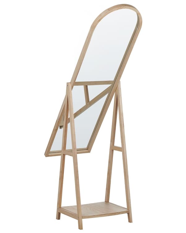 Seisova peili vaalea puu 39 x 170 x 57 cm puu MDF-levy lasi hylly ovaali skandinaavinen