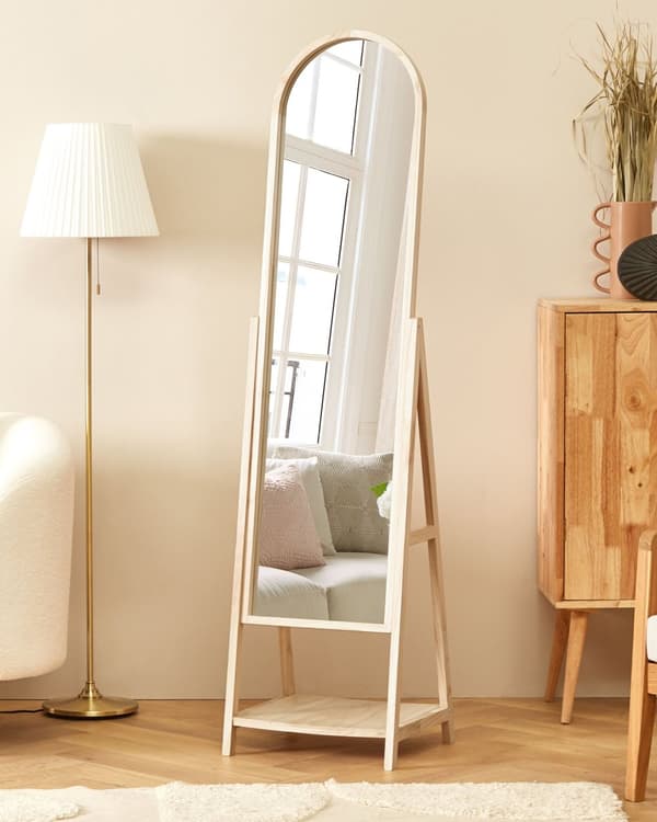 Seisova peili vaalea puu 39 x 170 x 57 cm puu MDF-levy lasi hylly ovaali skandinaavinen
