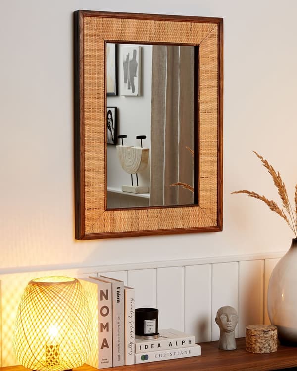 Veggspeil Lyst Tre Rektangulært 54 x 74 cm Massivt Tre Håndlaget Granramme Bambus Kurvfletting Boho Moderne