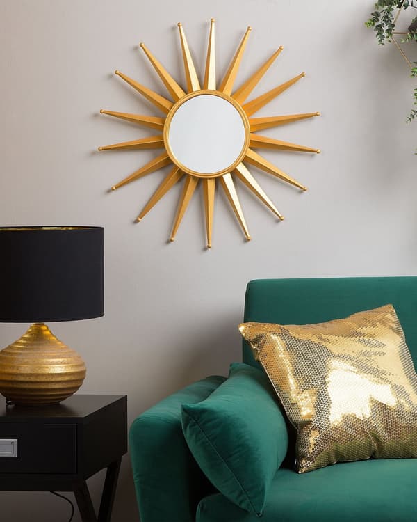 Vegghengespeil gull 60 cm rund solform Sun Shape Sunburst dekorativt aksentstykke stue soverom vintage glamour retro Hollywood