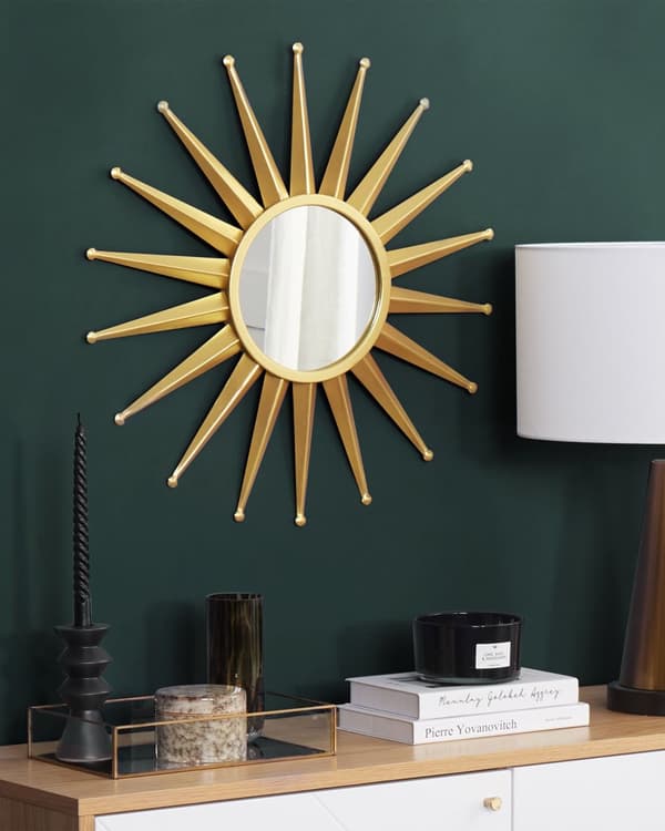 Vegghengespeil gull 60 cm rund solform Sun Shape Sunburst dekorativt aksentstykke stue soverom vintage glamour retro Hollywood
