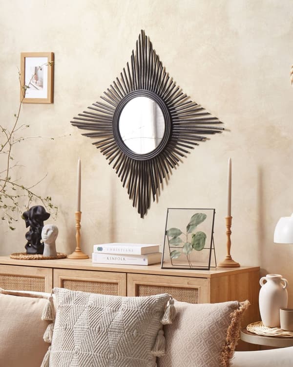 Veggspeil Sort rotting 60 x 60 cm Boho Diamantform Runde monteringskroker Stue Soverom