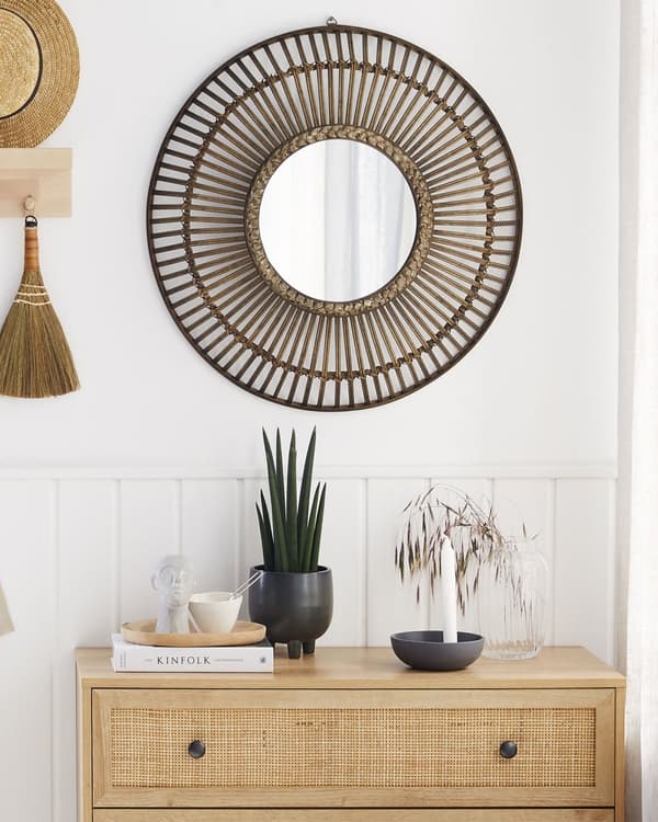 Veggspeil Mørkt tre Rund 66 cm Håndlaget Bambusvevramme Boho Rustikk