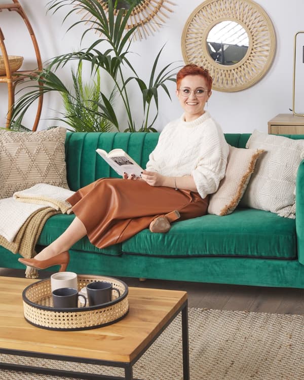 Veggspeil Lys Tre Bambus Rund 60 cm Håndlaget Ramme Hvit Geometrisk Diamantmønster Boho Rustikk