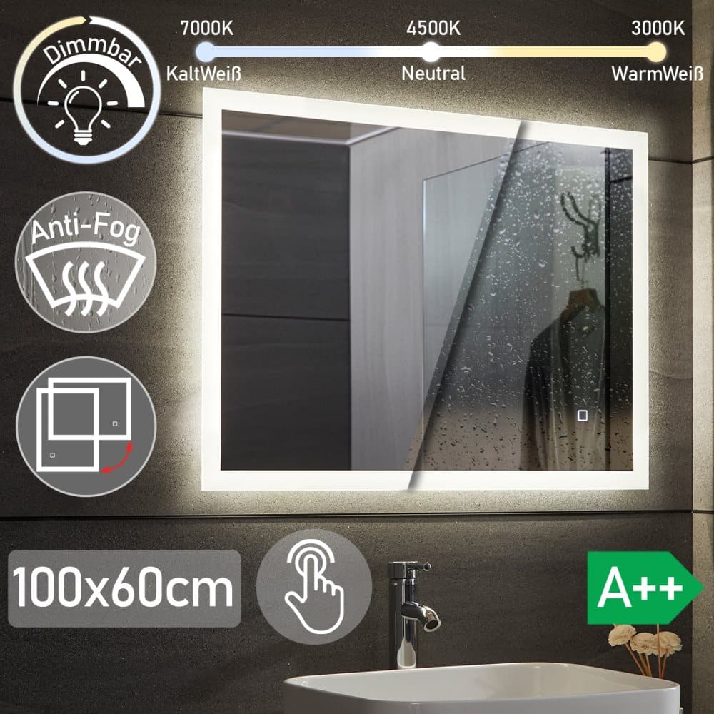 LED badrumsspegel - 100x60 cm - Kan placeras horisontellt eller vertikalt - Dimbar