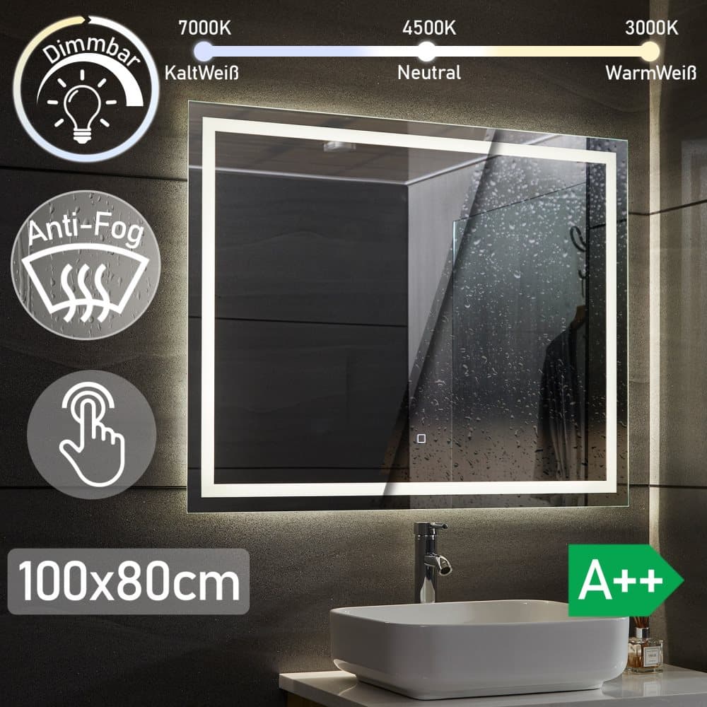 LED badrumsspegel 100x80cm dimbar - anti-kondensfunktion