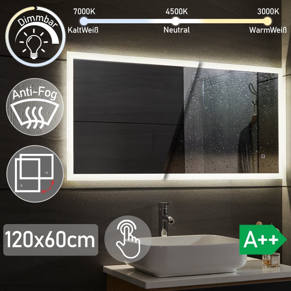 LED Badrumsspegel 120x60 cm, kan placeras horisontellt eller vertikalt, dimbar