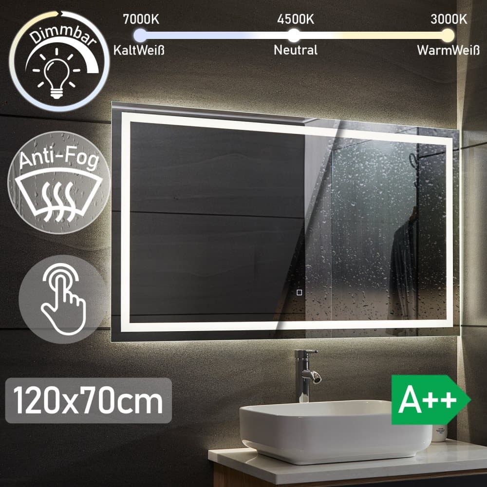 LED Badrumsspegel 120x70 cm dimbar, anti-kondensfunktion