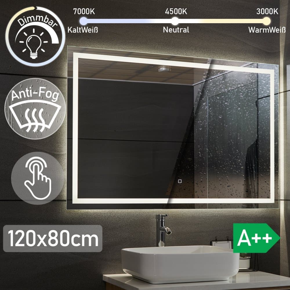 LED badrumsspegel 120x80 cm dimbar, anti-kondensfunktion