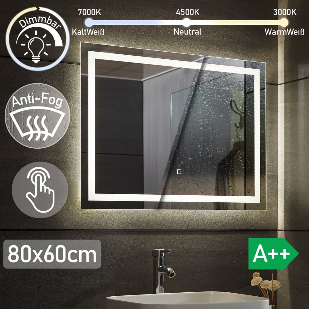 LED Badrumsspegel 80x60 cm dimbar, anti-kondensfunktion