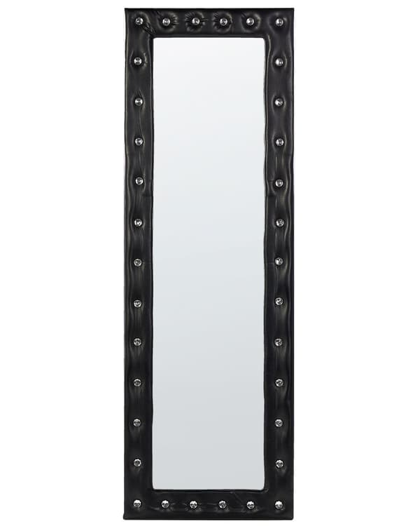 Stående spejl Sort PU-læder 50 x 150 cm med stativ akrylglas Rhinestones Dekorativ ramme Glamour Vægdekoration