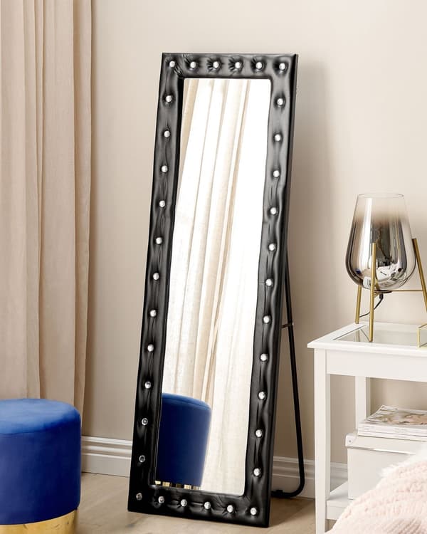 Stående spejl Sort PU-læder 50 x 150 cm med stativ akrylglas Rhinestones Dekorativ ramme Glamour Vægdekoration