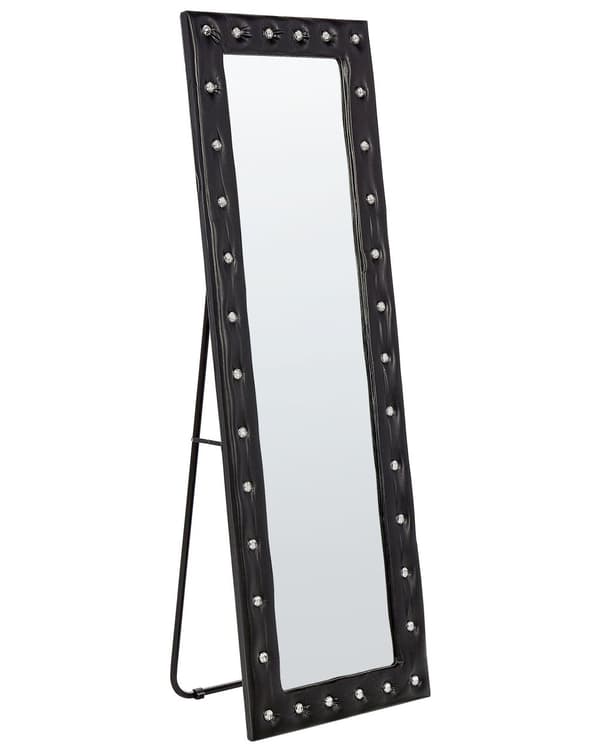 Stående spejl Sort PU-læder 50 x 150 cm med stativ akrylglas Rhinestones Dekorativ ramme Glamour Vægdekoration