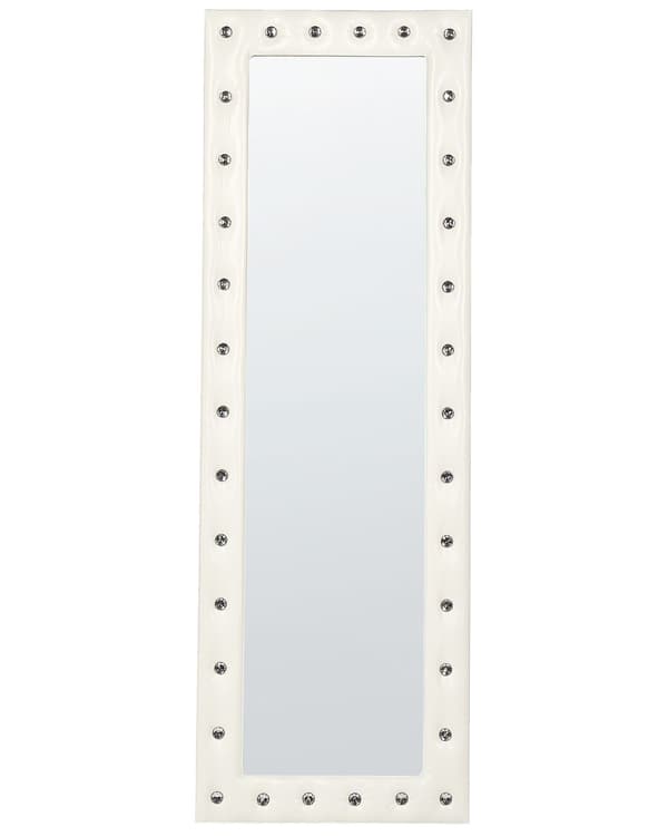 Golvspegel Vit Konstläder 50 x 150 cm med Stativ Akrylglas Strass Dekorativ Ram Glamour Väggdekor