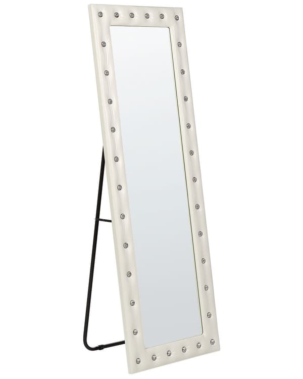 Golvspegel Vit Konstläder 50 x 150 cm med Stativ Akrylglas Strass Dekorativ Ram Glamour Väggdekor