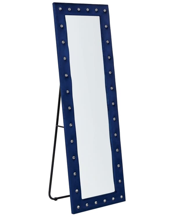 Golvspegel Blå Sammet 50 x 150 cm med Stativ Akrylglas Strass Dekorativ Ram Glamour