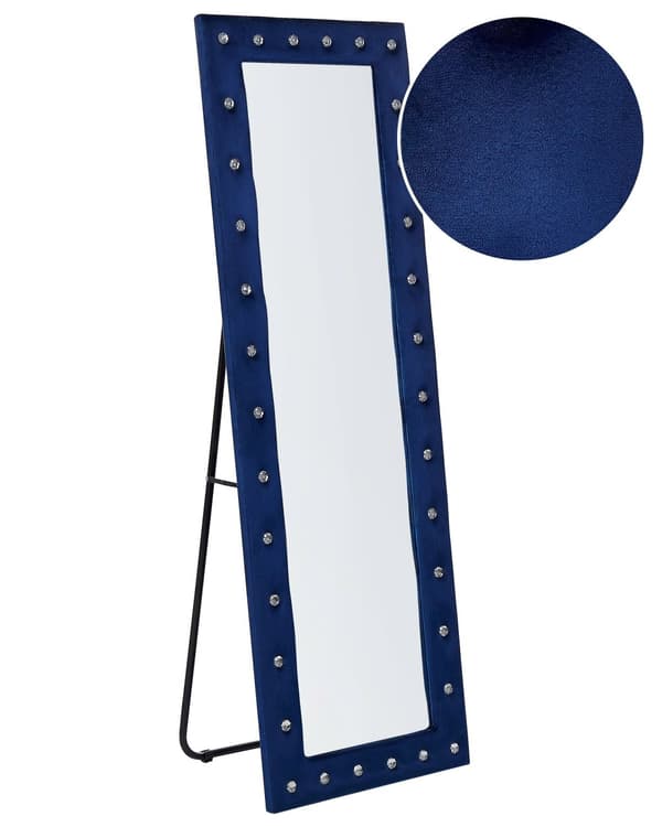 Golvspegel Blå Sammet 50 x 150 cm med Stativ Akrylglas Strass Dekorativ Ram Glamour