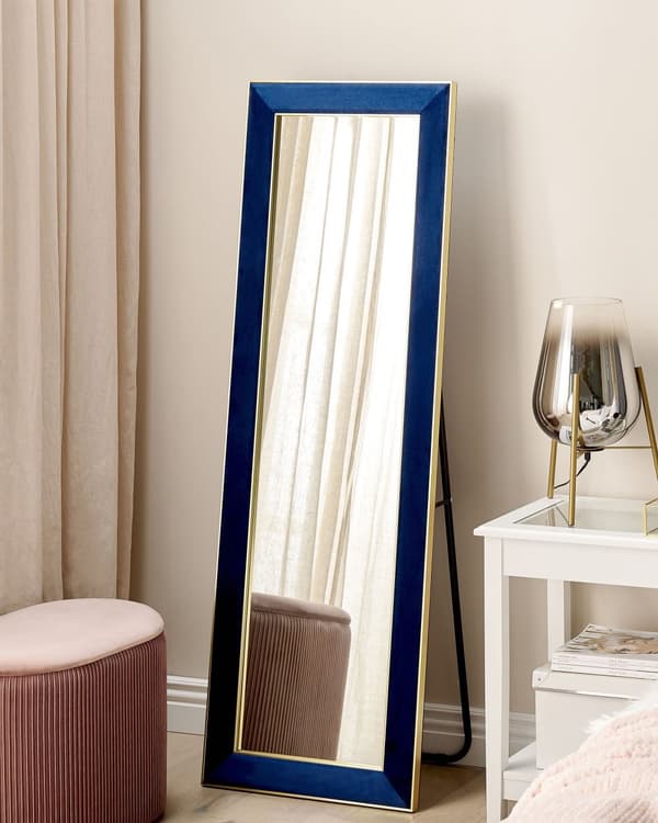 Golvspegel Blå Sammet 50 x 150 cm med Stativ Dekorativ Ram Glamour Väggdekoration Sovrum Vardagsrum