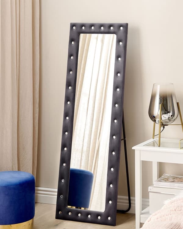 Golvspegel Mörkgrå Sammet 50 x 150 cm med Stativ Akrylglas Strass Dekorativ Ram Glamour