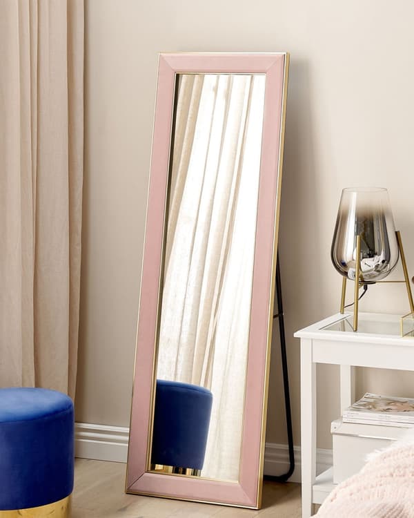 Gulvspeil Rosa Fløyel 50 x 150 cm Speil med stativ Dekorativ ramme Glamour Dekorasjon Tilbehør Veggdekor Veggspeil